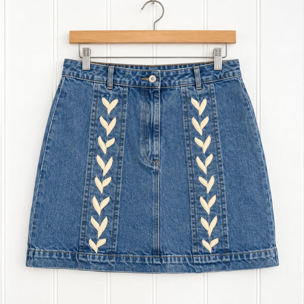 Endless Rose Denim Mini Skirt Womens Medium Blue Embroidered Cream NWT